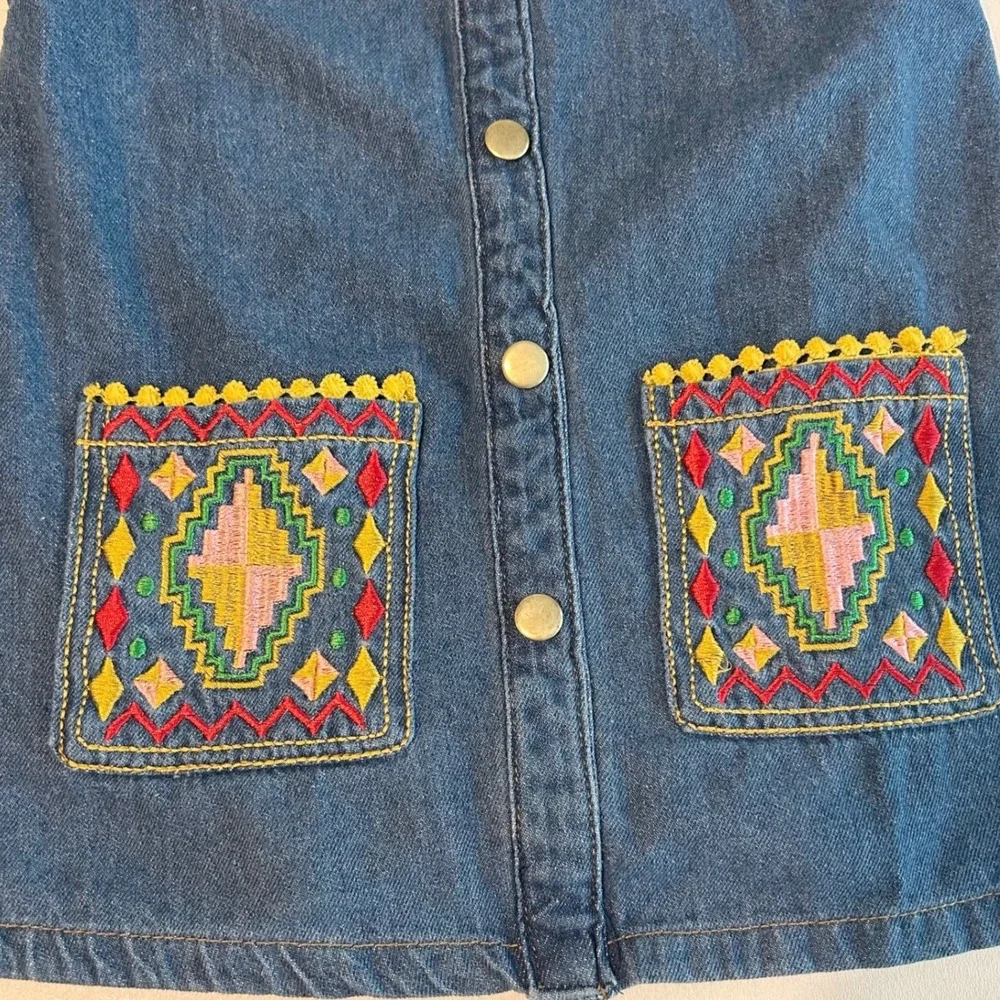 Little Lass Denim Jumper Dress Kids 6X‎ Blue Embroidered Pockets Boho